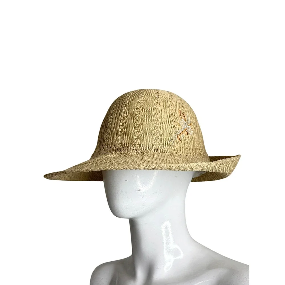 Woven Straw Cloche Sun Hat Tan Pointelle Knit Embroidered Dragonfly Wide Brim